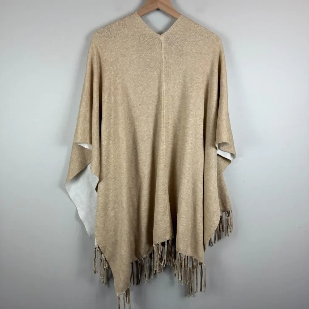 Chico's Cardigan One Size Beige Knit Asymmetrical Open Front Fringe Hem NWT‎